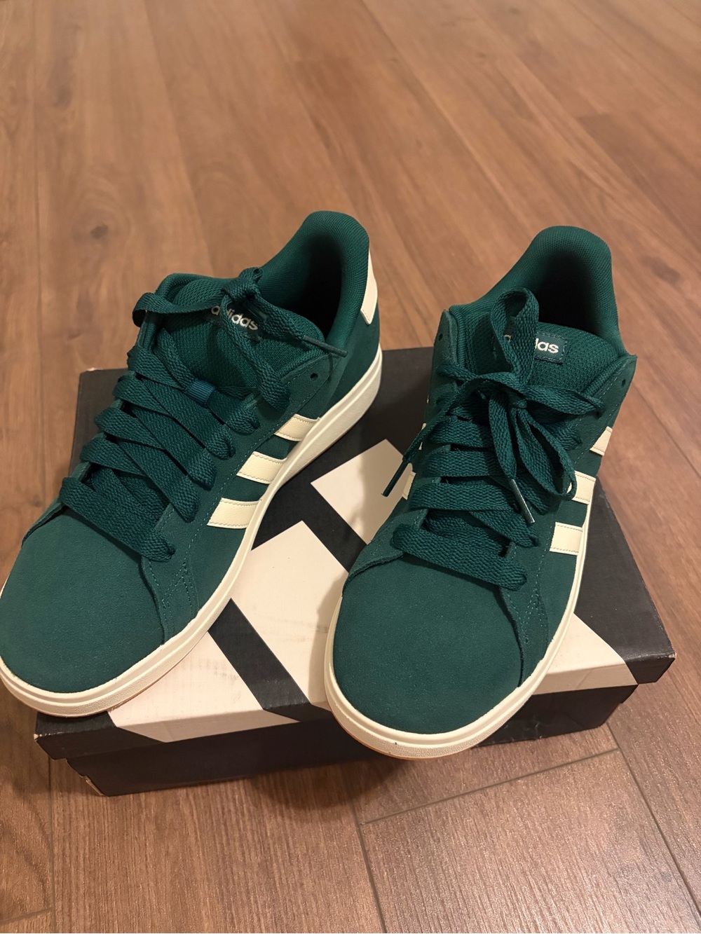 Adidas Dark Green Low-Top Sneakers with White Stripes